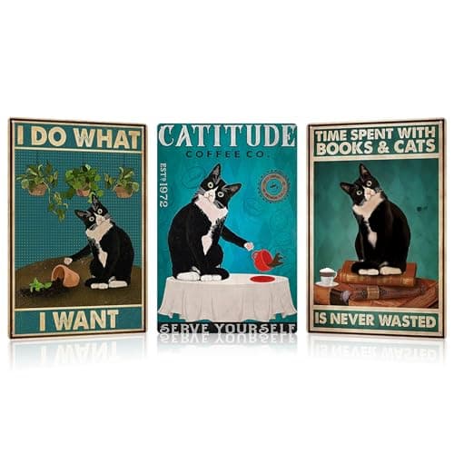 Image of HMIEPRS 3Pcs Vintage Metal Tin Sign, Retro Black Cat Metal Wall Sign Plague Poster, Funny Cat Tin Sign Wall Art Decor for Home Bedroom Bathroom Kitchen Cafe Bar Shop Gifts 12 x 8 inch (Style A)