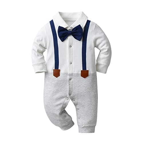 Image of Tearfuty Baby Boy Outfit Bow Tie Long Sleeve Romper Pant Gentleman Clothes Set for Photo Photography White(0-3 Months)