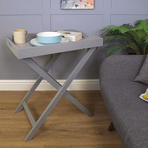 Image of Folding Butlers Tray & Stand - Stylish Wooden Side Table with Detachable Top for Serving Food or Drinks – Ideal for Home, Garden, Kitchen, Lounge, Bedroom, Caravan, Camping - H77 x W60 x D40cm, Grey