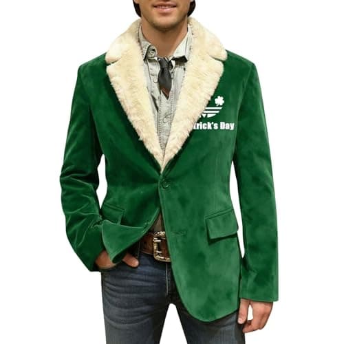 Image of Caxndycing Blazer Men's St Patrick's Day Slim Fit Fancy Dress Costumes Cord Blazer Cardigan Open Corduroy Jacket with Buttoned Long Sleeve Lapel Suit Jacket Sporty Festive Fancy Dress Jacket, 04 Green