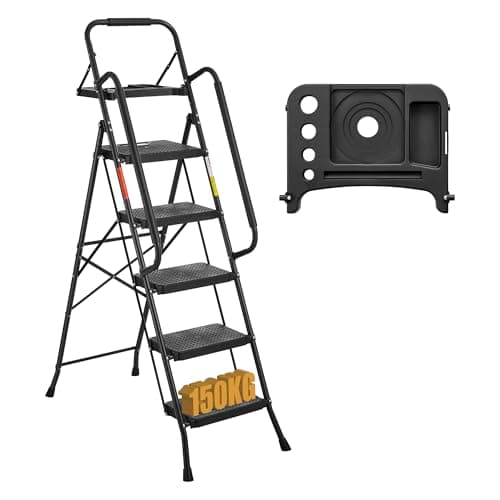 Image of BONTEC 5 Step Ladder Folding, Heavy Duty Foldable Step Stool with Wide Anti-Slip Pedals, Sponge Handrail, Detachable Tool Tray, Black Portable Household Ladder, Compact Indoor Outdoor Metal Step Stool