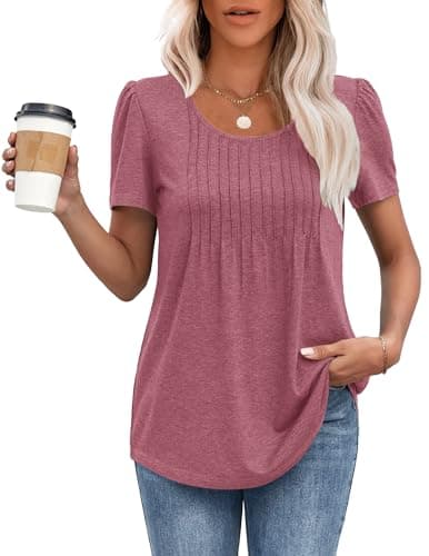 Image of MOLERANI T Shirts for Women UK Round Neck Loose Casual Puff Short Sleeve Summer Tee Tops Front Pleated T Shirt Pink S