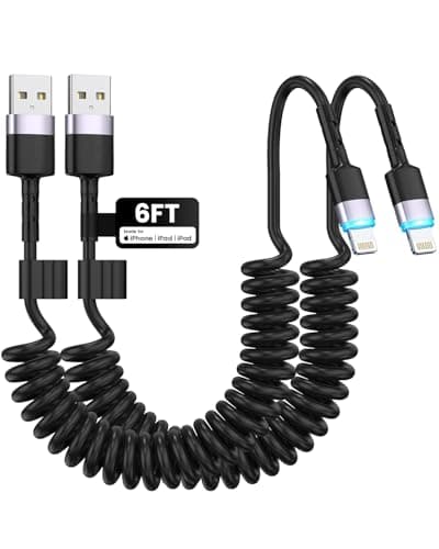 Image of 2-Pack Coiled Lightning Cable, 1.2M Retractable USB to Lightning Carplay Cable [MFi Certified] with Data Sync and LED for Car, 60W 3A Fast Charger Cord for iPhone 14/13/12/11/XS MAX/XR/XS/iPad, Black