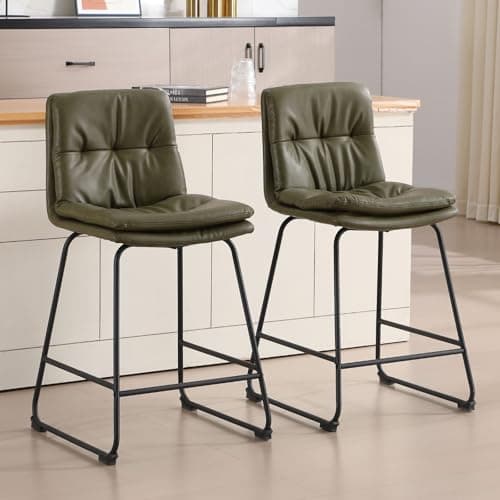 Image of chairus Modern Bar Stools Set of 2 PU Leather Kitchen Counter Stools with Back & Footrest, Breakfast Counter Chairs with Metal Legs for Kitchen Island/Pub, Green