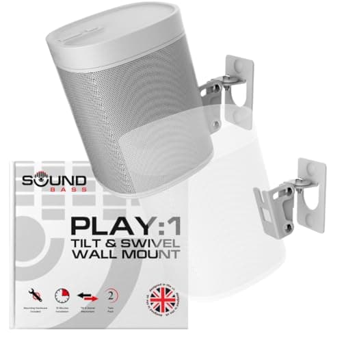 Image of Sound Bass Play 1 Wall Mount White Pair Compatible with Sonos Play:1 Only, Twin Pack, Adjustable Swivel & Tilt Mechanism, 2 Mounting Brackets Includes All Fixings