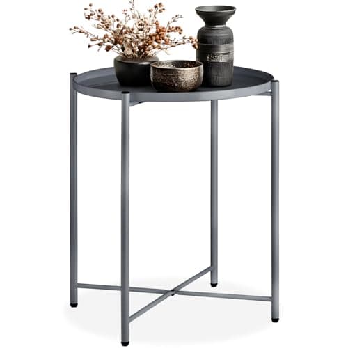 Image of tectake® Round Side Table in Minimalist Design & Sturdy Steel, Bedside Table with Removable Tray & Height-Adjustable Feet, Ideal for Bedroom, Living Room, Hallway, 45.5 x 45.5 x 53 cm - Dark Grey