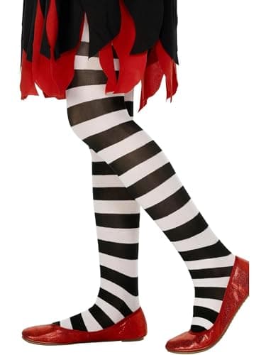 Image of Smiffys Kids Black and White Striped Tights Age 6 to 12 Fancy Dress Costume Accessory for Halloween Witches Skeletons Clowns Halloween
