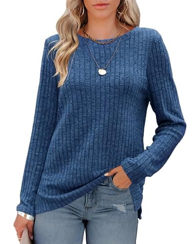 Image of Odosalii Women's Long Sleeve Tops Crew Neck Solid Color Jumpers Side Split Stripe Sweater Casual Lightweight Tunic Pullover Knit Top Navy Blue