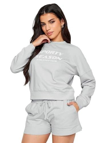 Image of PixieGirl Petite Light Grey 'Sporty Season' Slogan Cotton Cropped Sweatshirt Petite
