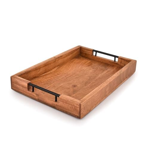Image of Mahasu Acacia Wood Serving Tray with Metal Handles - Decorative Ottoman Coffee Table for Living Room Kitchen Food (15" X 10" X 1.6")