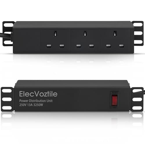 Image of ElecVoztile 10 inch Rack PDU, 3 Rear UK Sockets, 1020J Surge Protection &13A Overload Switch, 1U Rack Mount Power Strip for 10'' Mini Server Network Cabinets/Rack/Self, 1.8M Cable