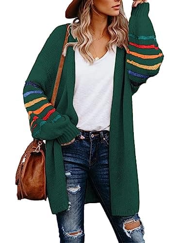 Image of AlvaQ Women's Cardigans Long Sleeve Open Front Rainbow Striped Color Block Loose Casual Womens Oversized Cardigan Ladies Long Lightweight Knit Outwear Coat Jacket Sweaters Green 2XL UK 20 22