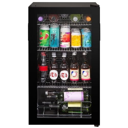 Image of Kuhla Mini Fridge 93 Litre Undercounter Freestanding Beverage/Drinks Wine Fridge for Beer in Black, LED Light, Drinks & Snacks Glass Door, 3 Adjustable Shelves, Energy Efficient, K48BC101B