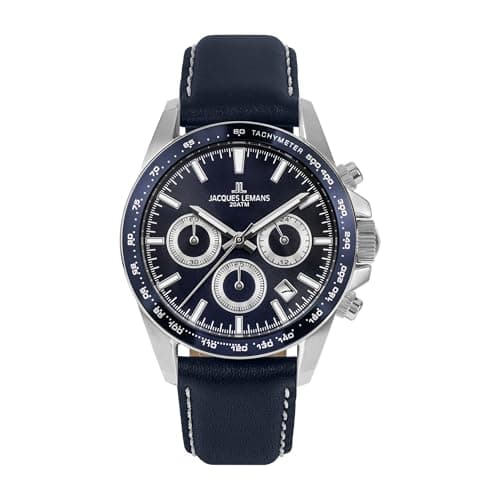 Image of JACQUES LEMANS Men's Quartz Analog Watch with Stainless Steel Strap mid-39614, Blue, Strip