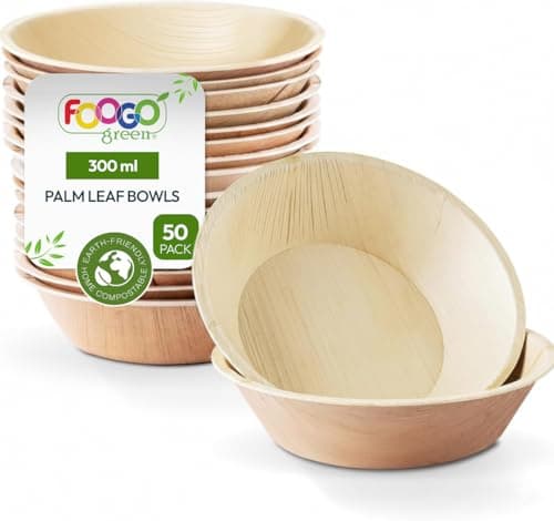 Image of FOOGO Green 50pcs Disposable Palm Leaf Bowls, 6" (15cm), 10.5oz (300ml), for Desserts & Salad, Round, Eco Friendly Biodegradable Compostable, Like Wooden, Bamboo and Paper Bowls, Party