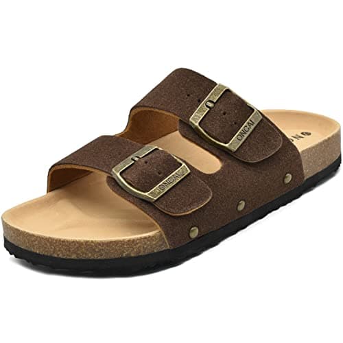 Image of ONCAI Women’s Flat Slide Sandals Vegan Leather Adjustable Double Buckle Strap Cushion Cork Footbed Open Toe Mules with Non-slip Rubber Sole Brown 6 UK