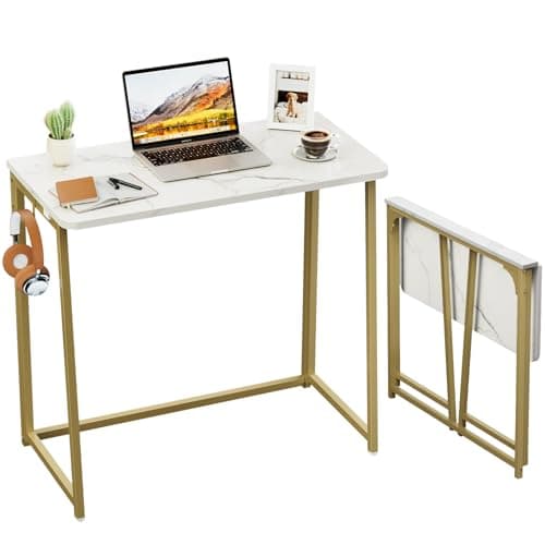 Image of WOHOMO White Faux Marble Folding Desk, 80x40x74.5 cm Small Office Desk with Gold Legs, Easy to Assemble Foldable Computer Desk, Mini Portable Work Desk for Home Office, White and Gold