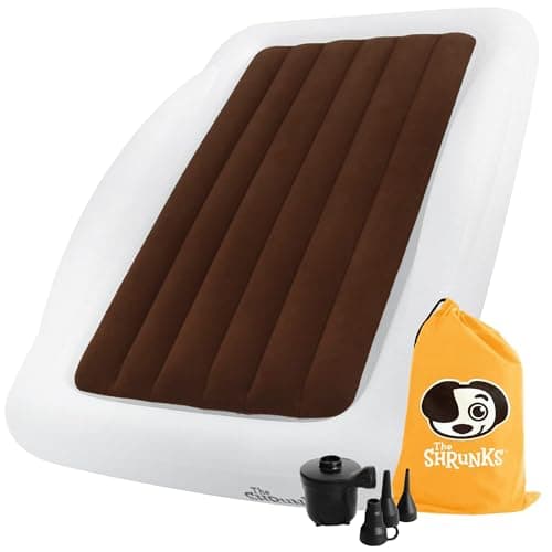 Image of The Shrunks Toddler Travel Bed Portable Inflatable Air Mattress Bed for Travel or Home Use, White, Kids Air Bed for Camping and Sleepover with Security Rails and Electric Pump 152 x 94 x 23cm
