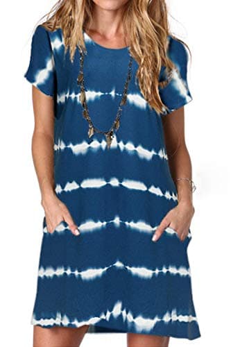 Image of Ancapelion Women's Tie Dye Blue Striped T Shirt Dresses Short Sleeve Loose Mini Tunic Dress for Women