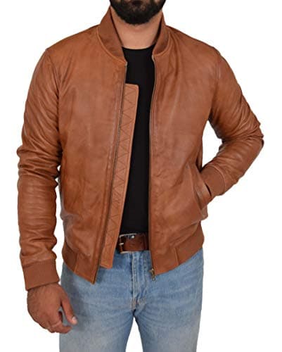 Image of A1 FASHION GOODS Mens Leather Bomber Jacket Soft Lambskin Fitted Varsity Eddy (Tan, X-Large)