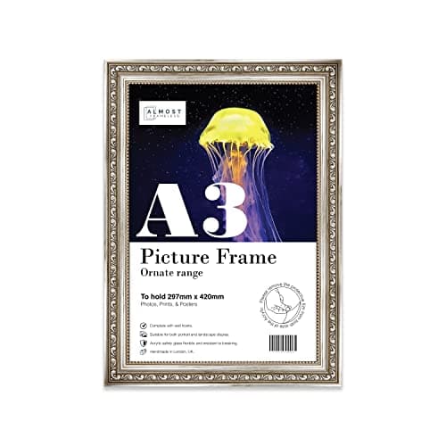 Image of Almost Frameless A3 Silver Ornate Picture Frame Fits A3 (29.7 x 42cm - 11.7 x 16.5in) Poster, Photo, Artwork, or Print. Antique Style Portrait and Landscape Display with Wall Hooks