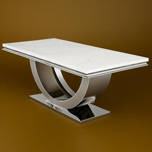 Image of Modern Rectangular Dining Table, Grey Marble Top, Steel Base, 180cm Length, Contemporary Style, Double Pedestal Design (White Marble)