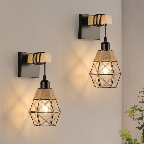 Image of FORCOSO Wall Lights Indoor 2-Pack, Vintage Wood Wall Lamp Black, E27 Sconce Lights, Industrial Lights Fittings, Rustic Rope Lighting Fixtures Living Room Bedrooms Hallway