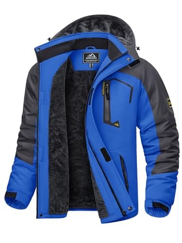 Image of KEFITEVD Warm Waterproof Ski Jacket for Men Thermal Fleece Jackets for Winter Sports Coat with Detachable Hood Royal Blue, L