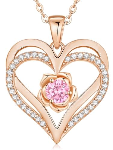 Image of Necklaces for Women Copper Love Heart Pendant Plated Rose Gold Birthstone Rose Jewellery Gifts for Mum Wife Girlfriend Anniversary Mothers Day Christmas Valentines (10-Oct)