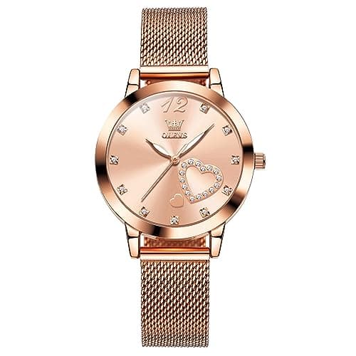 Image of OLEVS Women's Watch Big Face Rose Gold Stainless Steel Mesh Strap Women's Wrist Watches Arabic Numerals Pink Dial Analog Quartz Watch for Women Luxury Heart Diamond Waterproof Ladies Watches