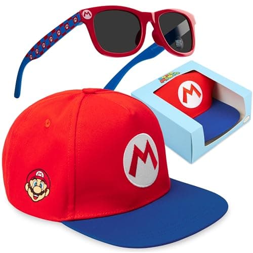 Image of Get Trend Super Mario Baseball Cap Sunglasses Set for Boys, Adjustable Sun Hat 100% UV Shades, Kids Holiday Essentials, Gaming Gifts (Red Super Mario)
