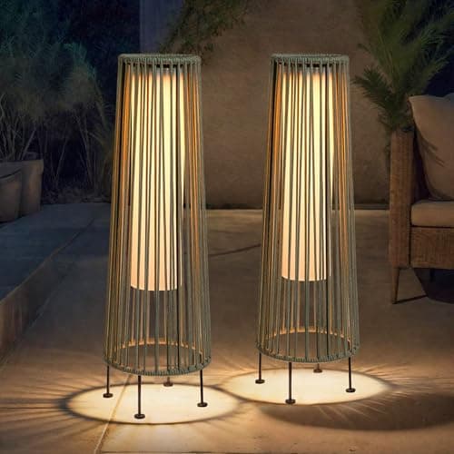 Image of TRIROCKS Outdoor Floor Lamp 2 Piece Solar Powered Lantern Wicker Solar Patio Lamp with Olifen Rope Waterproof Rattan Outside Solar Deck Light for Patio Garden Lawn Yard (Grey)