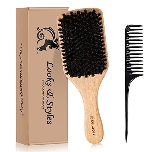 Image of Boar Bristle Hair Brush, 100% Pure Boar Bristle Paddle Brush for Women Men Kids Thin, Fine, Long, Curly or Any Type of Hair, Restore Shine & Texture and Makes Hair Smooth & Health