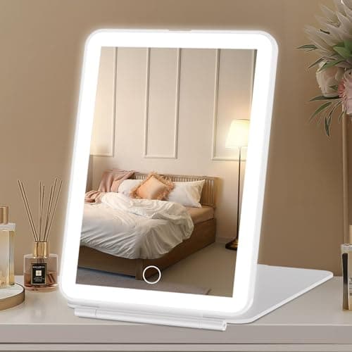 Image of FASCINATE LED Travel Makeup Mirror Rechargeable, Portable Vanity Mirror with 3 Color 72 LED Lighting,Touch Sensor Dimming, Tabletop Cosmetic Mirror