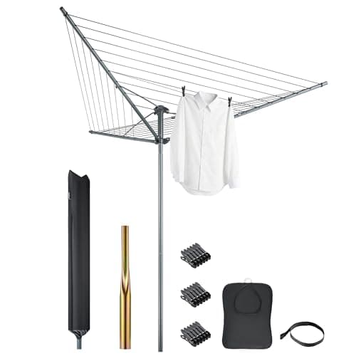 Image of VonHaus 30m Rotary Washing Line – 3 Arm Outdoor Clothes Airer with Collapsible Umbrella System, 360° Rotary Airer, Line Tension Adjustment, 35mm Metal Ground Spike, Non-Slip Clothesline, Weatherproof