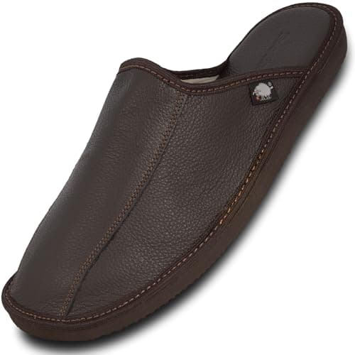 Image of FOOTHUGS Leather Mule Men's Slippers, Open Back Slip-On Mules for Men with Memory Foam Insole for Home use (9UK/43EU Dark Brown)
