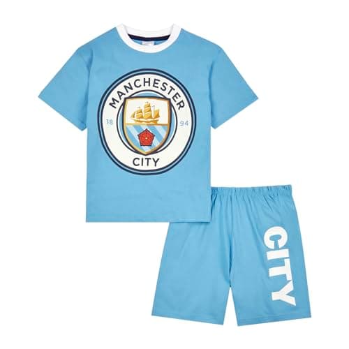 Image of MANCHESTER CITY F.C. Boys Pyjamas, Man City T-Shirt and Shorts PJs Set, Man City Gifts for Boys 11-12 Years Blue