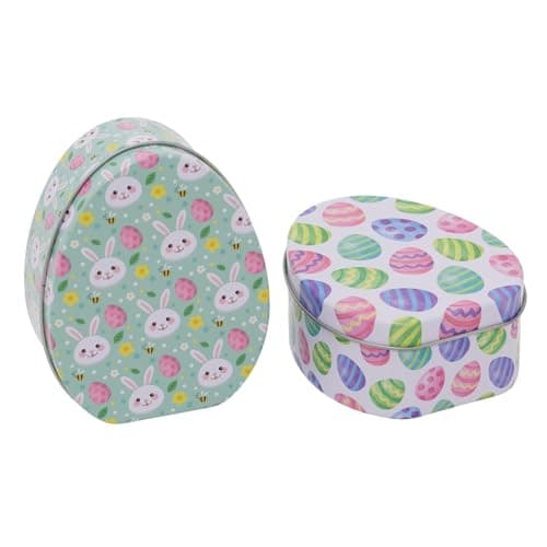Image of Carousel Home Set of 2 Easter Egg Shaped Metal Tins | 11cm Pastel Blue and White Decorative Storage Tins for Sweets, Chocolates or Keepsakes Trinket Tins Storage Pots