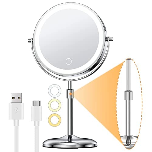 Image of Gospire 7" Lighted Makeup Mirror with Magnification 10X/1X, Height Adjustable & 3 Color Dimmable Lights, 360° Swivel Double Sided Light up Rechargeable Cosmetic Vanity Cordless Standing Mirror-Silver