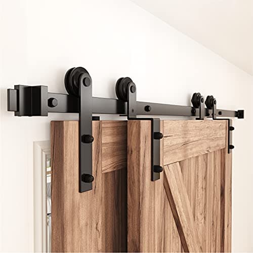 Image of WINSOON 183cm Single Track Bypass Sliding Door Track Double Door Kit, Heavy Duty Barn Sliding Door Closet Kit, Frosted Black Carbon Steel I Shape Hanger, Fit Double 91.5cm Wide Door