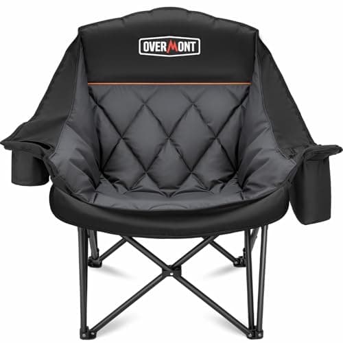 Image of OVERMONT Oversized XL Camping Folding Chair for Adults - 450lbs Support Heavy-Duty Padded Folding Chair with Side Pocket Cup Holder for Outdoor Sports Garden Beach Fishing Lawn Black