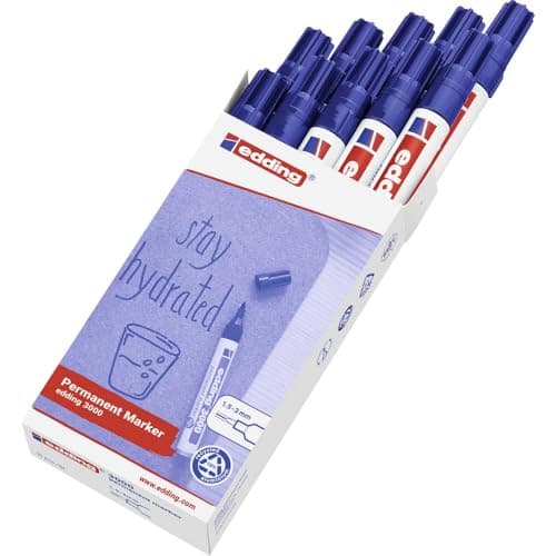 Image of edding 3000 permanent marker - blue - box of 10 - round tip 1.5-3 mm - quick-drying permanent markers - waterproof, smudge-proof - for cardboard, plastic, wood, metal, fabric - marker pens