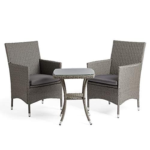 Image of VonHaus Bistro Set for 2 - Rattan Effect Garden Table & Chairs with Removable Cushions - 3-Piece Grey Garden Furniture Set for Patio, Outdoors, Balcony & Conservatory - Bali