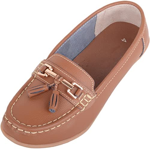 Image of ABSOLUTE FOOTWEAR Womens Slip On Leather Loafer/Deck/Boat Shoes, Tan, UK 8