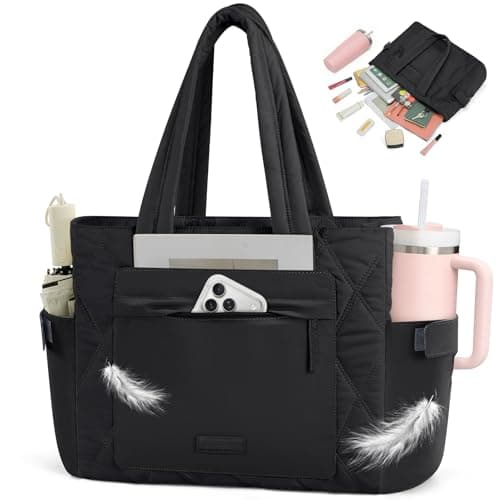 Image of RAINSMORE 15.6 Inch Puffer Laptop Tote Bag for Women Large Quilted Cloud Bag with 15 Pockets and Luggage Sleeve Lightweight Water-Resistant Work Handbag for Teacher, Travel, Gym, School Black