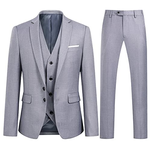 Image of YOUTHUP Mens Slim Fit 3 Piece Suit 2 Button Business Wedding Suits Tuxedo Blazer Waistcoat Trousers, Light Grey, M