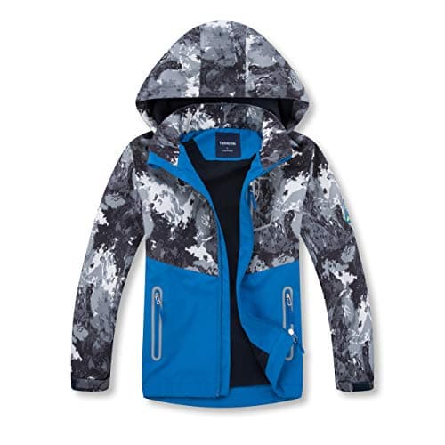 Image of BuyiRen Boys Windbreakers Jacket Rain Jackets Hooded Raincoat Fleece Lined Rain Coats for Kids, Grey Art Camo, 5-6 Years