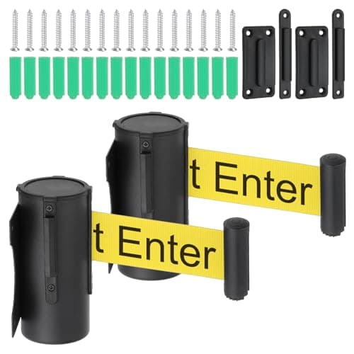 Image of PATIKIL 2Pcs Fixed Wall Mount Retractable Belt Barrier, 9.84 Feet Fixed Retractable Belt Barrier with Steel Case for Crowd Control Retail Store Stadium, Black/Yellow with Caution