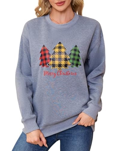 Image of Asoodiy Christmas Sweatshirts Fleece Lined Womens Xmas Top Ladies Merry Christmas Printed Sweatshirts Pullover Blouse Grey Tree XXL