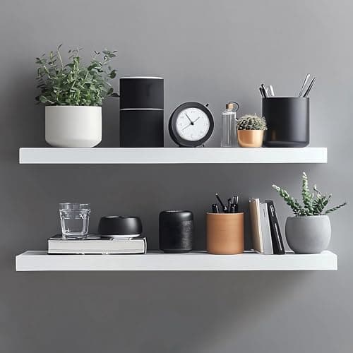 Image of ZYNERY 2 Pack Floating Shelves, 40 x 15 x 1.5 cm, White Floating Shelves For Wall, Display Storage Wall Shelves, Modern Decorative Display Wall Shelves For Bedroom, Bathroom, Living Room